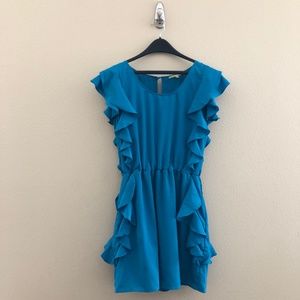 Womens Large Blue Flutter Sleeve Ruffle Dress